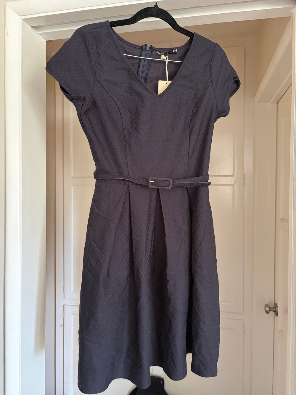 Doe & Rae Navy Short-Sleeve Fit-and-Flare Dress with Belt